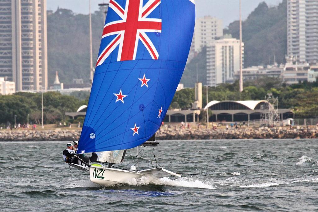 New Zealand look fast but have lost their lead to Brazil - final leg of the 49erFX Womens Medal race. 2016 Sailing Olympics © Richard Gladwell www.photosport.co.nz